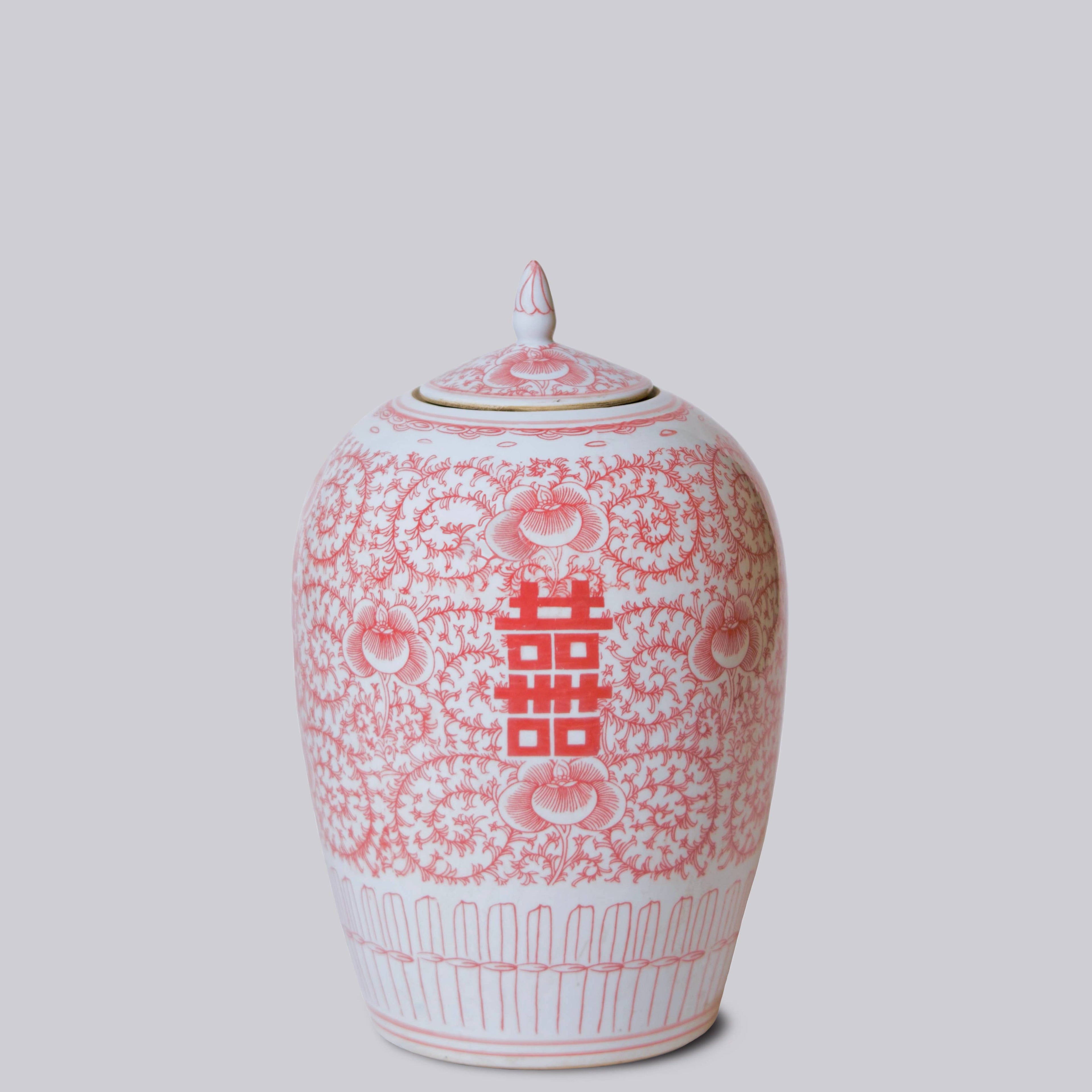 Double Happiness Red & White Porcelain Finial Jar