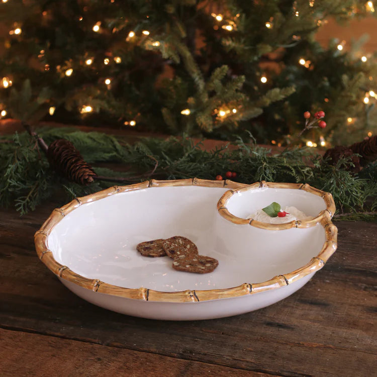 Vida Bamboo Large Chip & Dip (White & Tan)