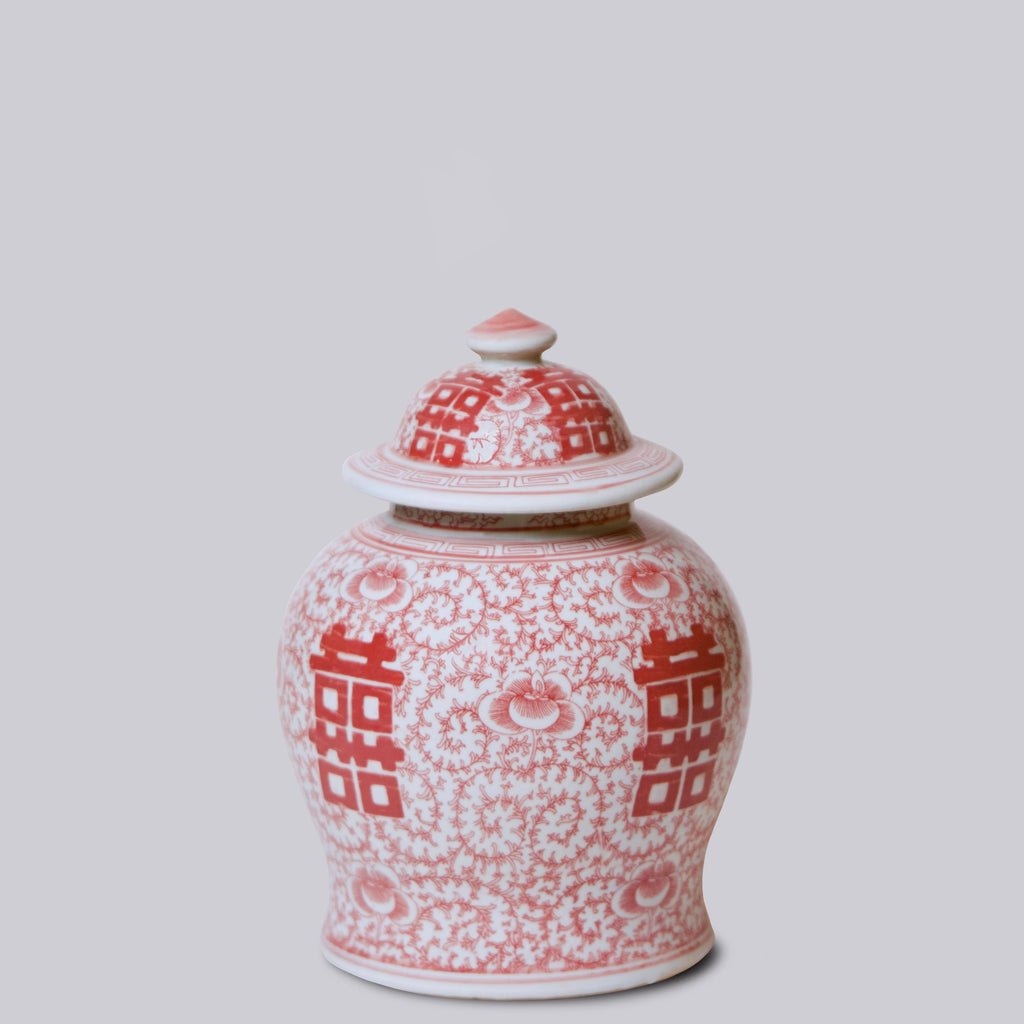 Medium Red & White Porcelain Double Happiness Temple Jar