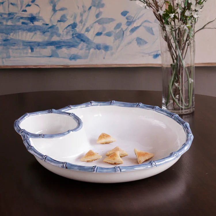 VIDA Bamboo Large Chip & Dip Bowl (White and Blue)