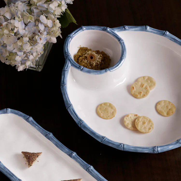 VIDA Bamboo Large Chip & Dip Bowl (White and Blue)
