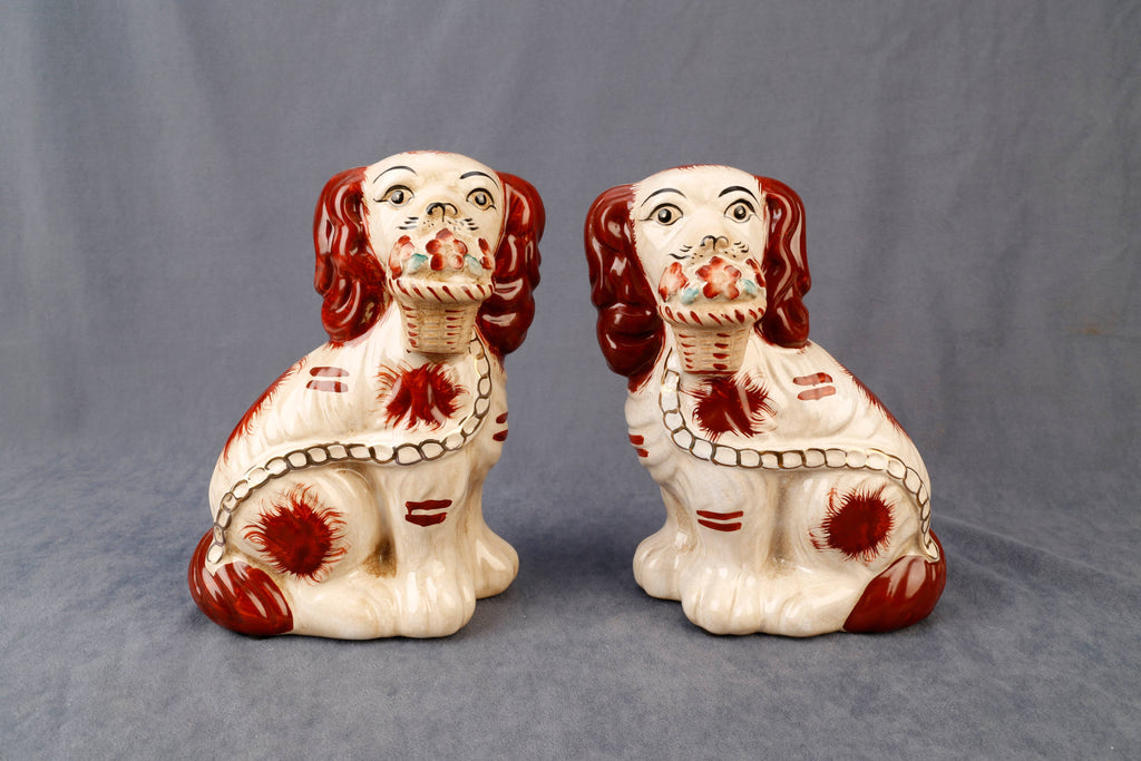 Staffordshire Dog Pair with Flower Baskets, Brown Finish