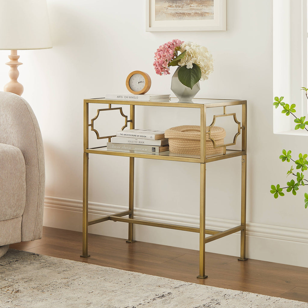 Gretna Rectangular Antique Gold Metal and Glass Accent Table