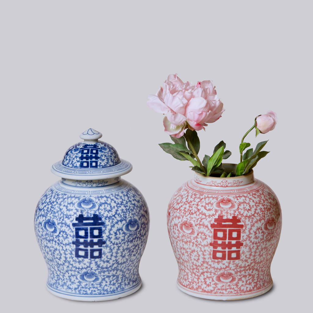 Medium Red & White Porcelain Double Happiness Temple Jar