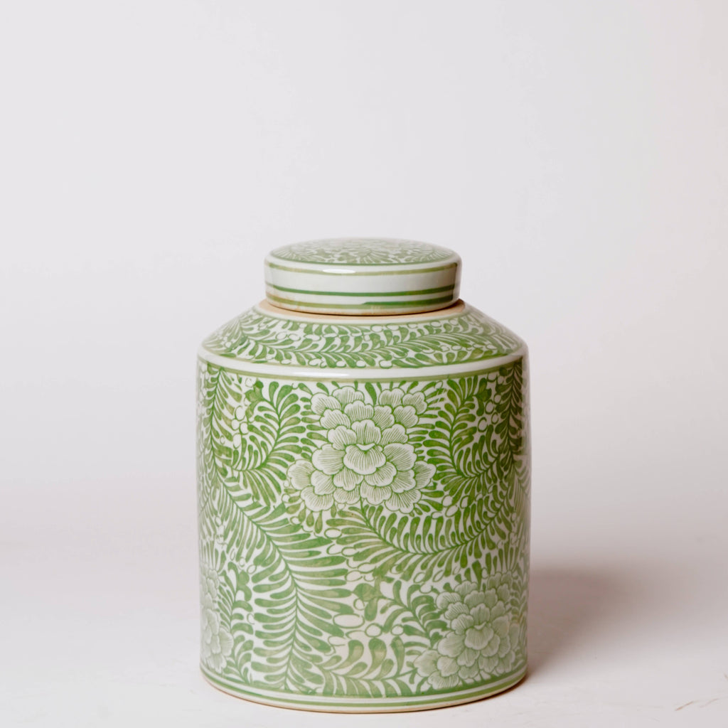 Country Peony Green and White Porcelain Canister