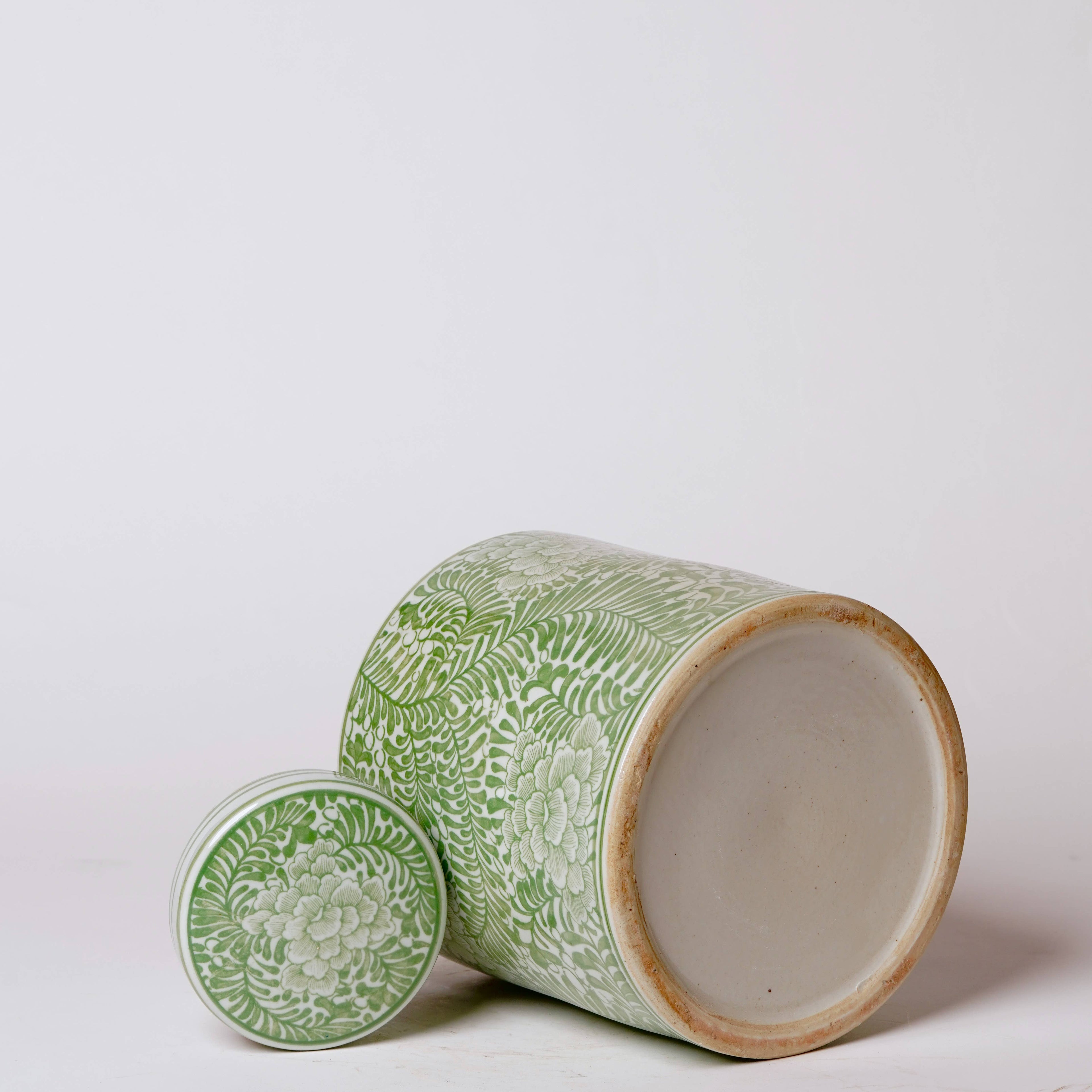 Country Peony Green and White Porcelain Canister