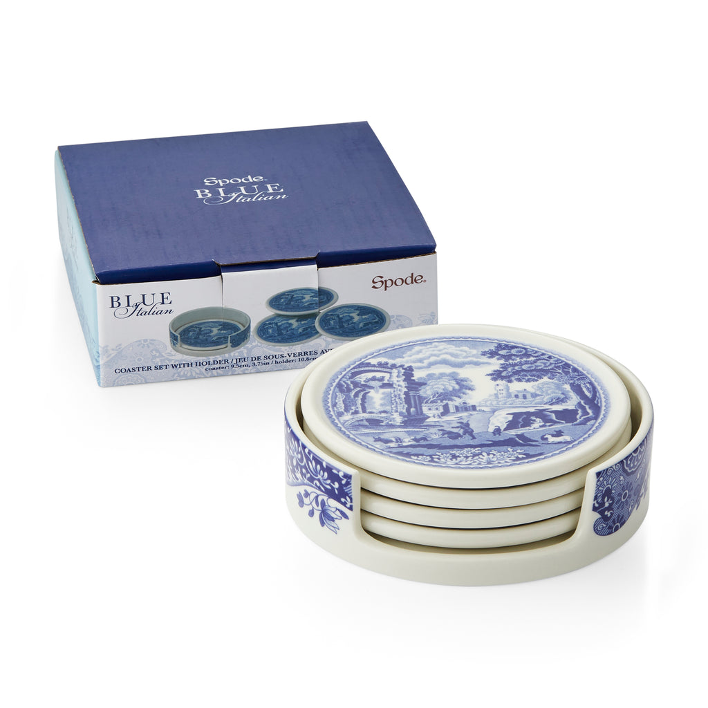 SPODE BLUE ITALIAN 4-Piece Ceramic Coasters with Holder