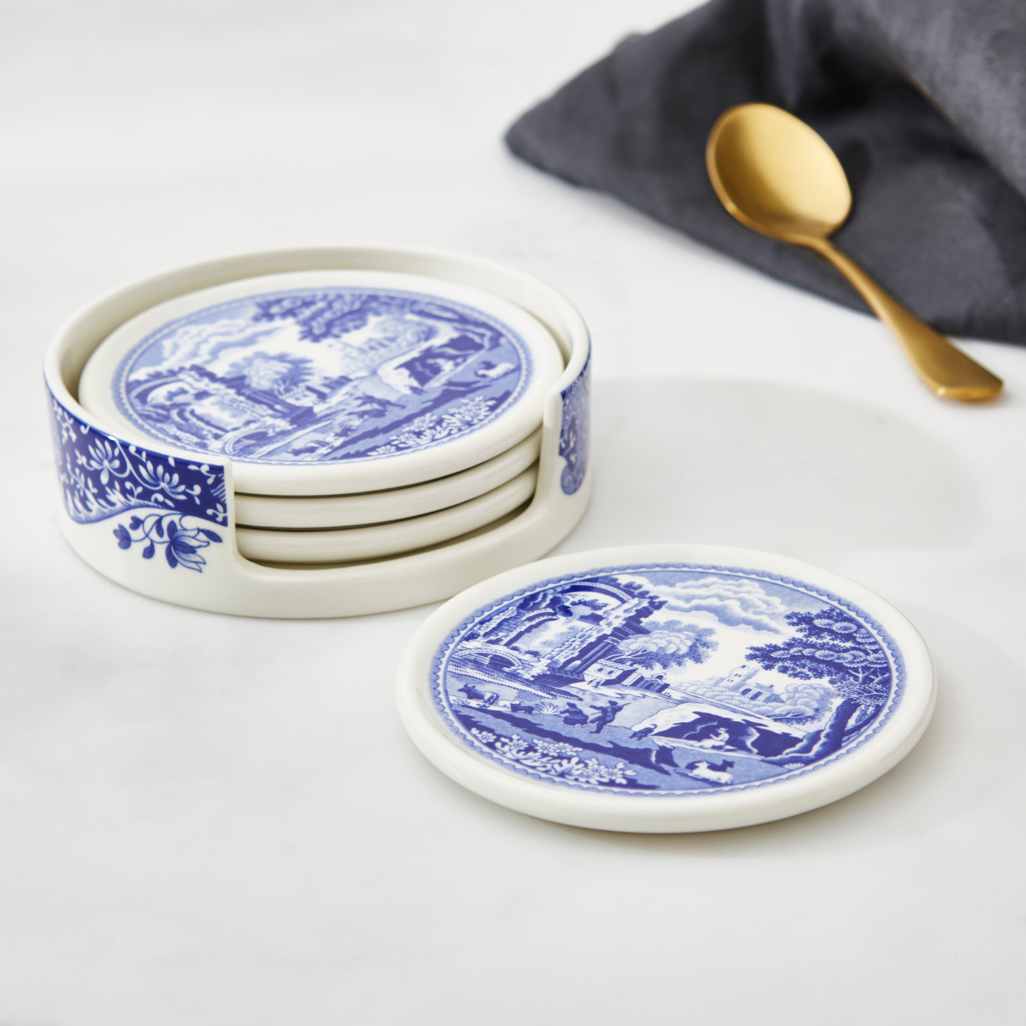 SPODE BLUE ITALIAN 4-Piece Ceramic Coasters with Holder
