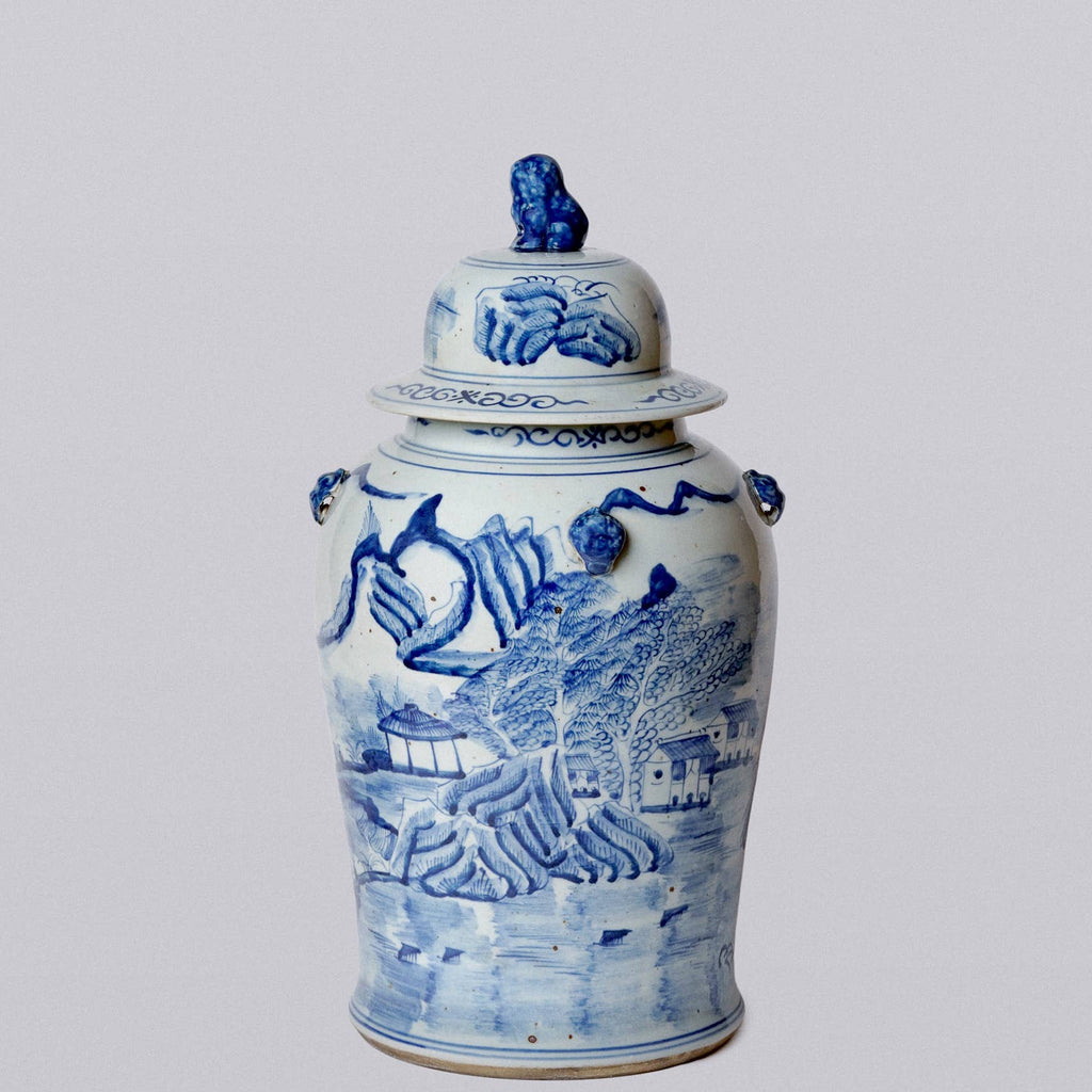 Blue and White River Landscape Porcelain Temple Jar