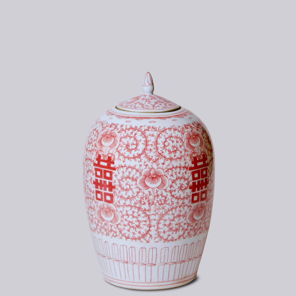 Double Happiness Red & White Porcelain Finial Jar