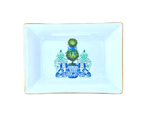 Staffordshire Dogs w/ Topiary Chinoiserie Porcelain Trinket Tray