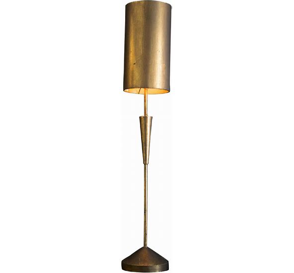 ANTIQUE GOLD TABLE LAMP WITH METAL BARREL SHADE